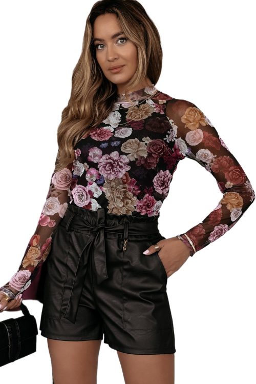 Elegant Women's Pink Mesh Floral Print Mock Neck Long Sleeve Slim Top