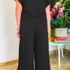 Women's Black Textured Ruffled Sleeve Zipped Top and Wide Leg Pants Set - Image 2