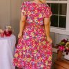 Women's Plus Size Pink Floral Print V Neck Pocketed High Waist Midi Dress - Image 10