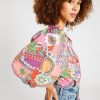 Women's Multicolour Boho Floral Bubble Sleeve Pleated Blouse with Tassel Tied Neck - Image 3