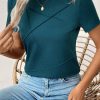 Women's Blue Sapphire Solid Color Toothpick Stripe Round Neck T-Shirt - Image 3