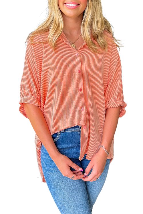 Women's Grapefruit Orange Corded Half Sleeve Button Up Shirt with High Low Hem