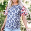 Women's Blue Floral Print Puff Sleeve Blouse with Frilled Neck - Western Fashion - Image 3