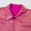 Women's Rose Red Metallic Sheen Short Sleeve Buttoned Front Casual Shirt - Image 8