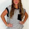 Women's Casual Black Stripe Round Neck Tank Top with Chest Pocket - Image 13