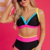 Women's Black Color Block Drawstring Side V Neck High Waist Bikini Set - Image 5