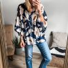 Women's Sail Blue Abstract Floral Print Puff Sleeve Half Button Blouse - Elegant Bohemian Style - Image 3