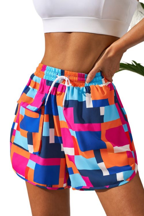 Women's Rose Geometric Printed Drawstring Waist Beach Shorts with Pockets