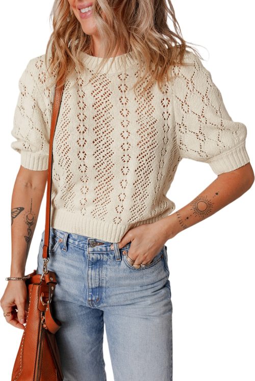 Chic Women's Beige Hollowed Pattern Knit Short Puff Sleeve Sweater