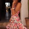 Women's Pink Floral Sleeveless Halter Neck Ruffled Mini Dress with Shirred Back - Image 2