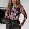 Elegant Women's Pink Mesh Floral Print Mock Neck Long Sleeve Slim Top - Image 6