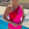 Women's Rose Red One Shoulder Two-Tone Backless One Piece Swimsuit - Elegant Summer Swimwear - Image 3