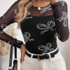 Women's Black Round Neck Long Sleeve Mesh Top with Bow Print - Image 7