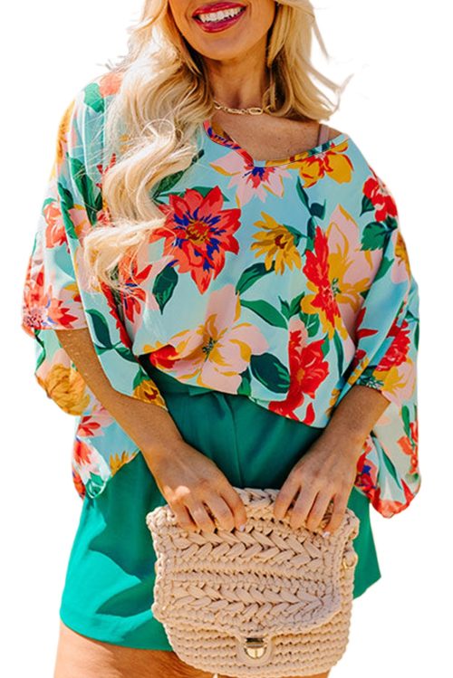 Plus Size Women's Sky Blue Floral Print V Neck Batwing Sleeve Blouse