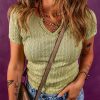 Women's Spinach Green Textured Knit Slim Fit Notch V Neck T-Shirt - Elegant Casual Style - Image 3