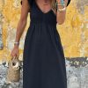 Elegant Black V Neck Flutter Sleeve Smocked Bodice High Waist Ruffle Maxi Dress - Image 2