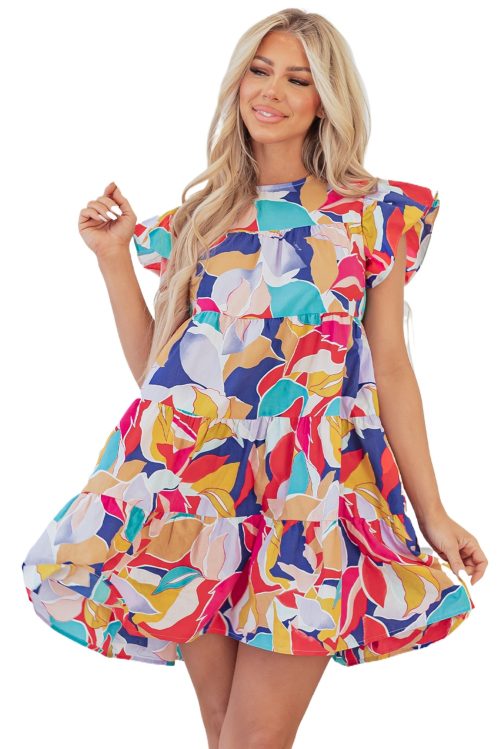 Women's Pink Abstract Printed Ruffled Flutter Sleeve Tiered Mini Dress