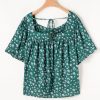 Plus Size Green Floral Print Square Neck Blouse with Ruffled Trim - Image 7