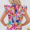 Women's Pink Abstract Printed Ruffled Flutter Sleeve Tied Split V Neck Blouse - Image 2