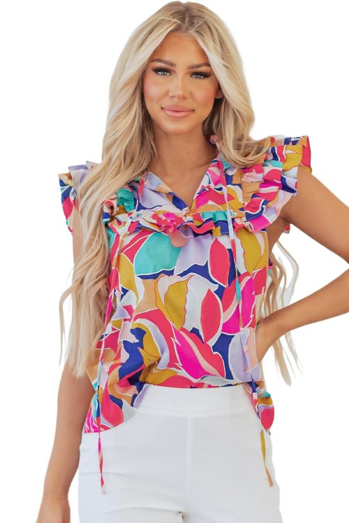 Women's Pink Abstract Printed Ruffled Flutter Sleeve Tied Split V Neck Blouse