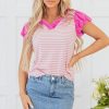 Women's Pink Stripe Ruffled V Neck Cap Puff Sleeve Top for Everyday Elegance - Image 4