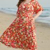 Women's Plus Size Orange Floral V Neck Flutter Sleeve Dress - Cinched Waist for Flattering Fit - Image 7