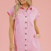 Women's Pink Short Sleeve Denim Shirt Dress with Double Chest Pockets - Image 9