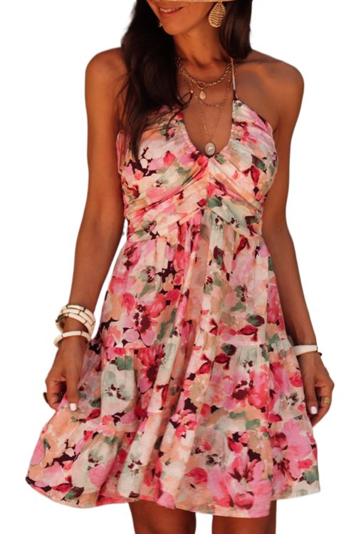 Women's Pink Floral Sleeveless Halter Neck Ruffled Mini Dress with Shirred Back