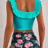 Women's Sea Green Solid Ruffled Square Neck Swim Top with Floral Shorts Bikini Set - Image 2