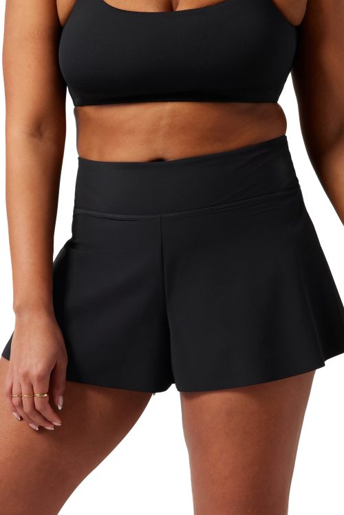 Women's Black Solid Color High Waist Wide Leg Swim Bottom for Beach & Pool