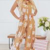 Women's Khaki Floral Print Sleeveless Button Up Wide Leg Loose Jumpsuit - Image 7