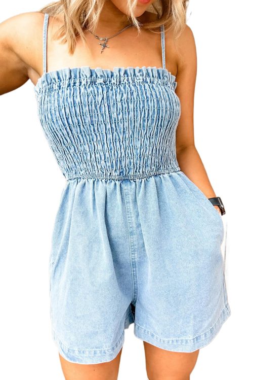 Women's Beau Blue Spaghetti Strap Smocked Denim Romper with Pockets