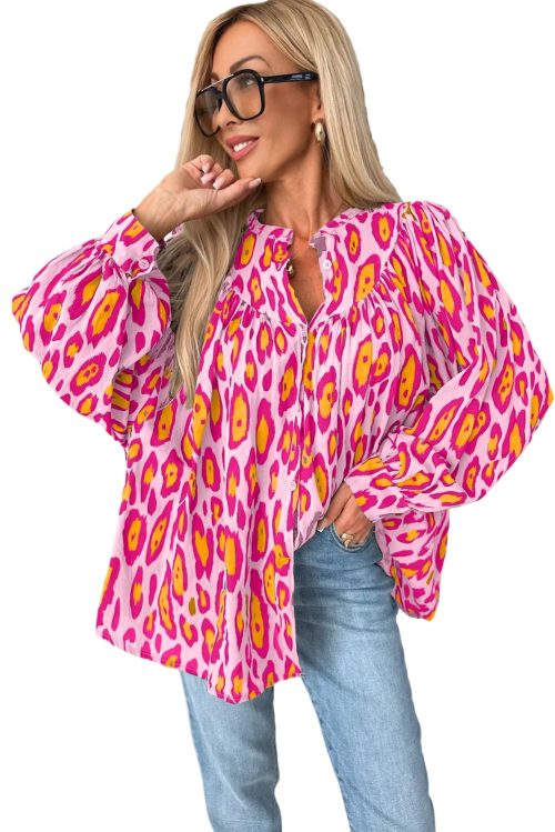 Women's Rose Red Oversized Leopard Print Balloon Sleeve Casual Shirt