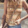 Women's Brown Stripe Eyelet Crochet Sleeveless Round Neck Sweater Vest - Image 7