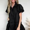 Women's Black Puff Sleeve Ruffle Hem Button Down Shirt Dress - Image 6