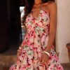 Women's Pink Floral Sleeveless Halter Neck Ruffled Mini Dress with Shirred Back - Image 5