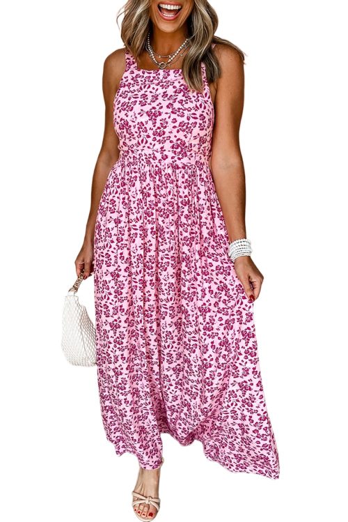 Women's Pink Floral Cutout Back Empire Waist Sleeveless Maxi Dress - Chic Summer Style