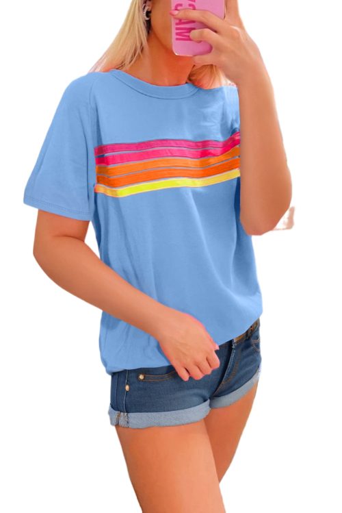 Women's Beau Blue Striped Patch Front Casual Tee - Trendy & Versatile