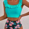 Women's Sea Green Solid Ruffled Square Neck Swim Top with Floral Shorts Bikini Set - Image 7