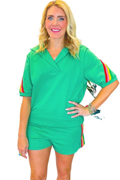 Women's Sea Green Rainbow Colorblock Collared Short Sleeve Top & Shorts Set