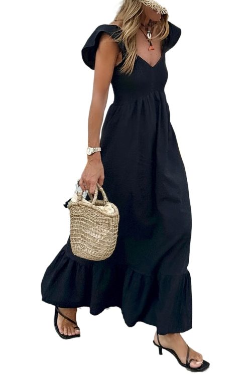 Elegant Black V Neck Flutter Sleeve Smocked Bodice High Waist Ruffle Maxi Dress