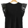 Women's Black Leather Ruffle Sleeve Blouse - Elegant Round Neck Top - Image 11