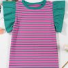 Women's Pink Stripe Colorblock Ruffled Sleeve Crew Neck Blouse - Chic & Stylish - Image 3