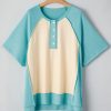 Plus Size Mint Green Color Block Raglan Sleeve Buttoned T-Shirt for Women - Image 12