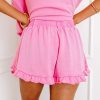 Chic Women's Pink Half Zip Puff Sleeve Top with Ruffled Shorts Set - Image 10