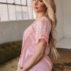 Women's Light Pink Lace Patchwork V Neck T-Shirt with Exposed Seams - Image 6