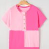 Women's Pink Two Tone Half Button Collared T-Shirt - Casual Elegance - Image 9