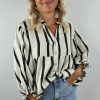 Women's Black Stripe Crinkled Ruffled Sleeve Button-Up Loose Shirt - Image 7