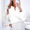 Women's Elegant White Flower Detail Knitted Notched Neck Sweater - Image 3