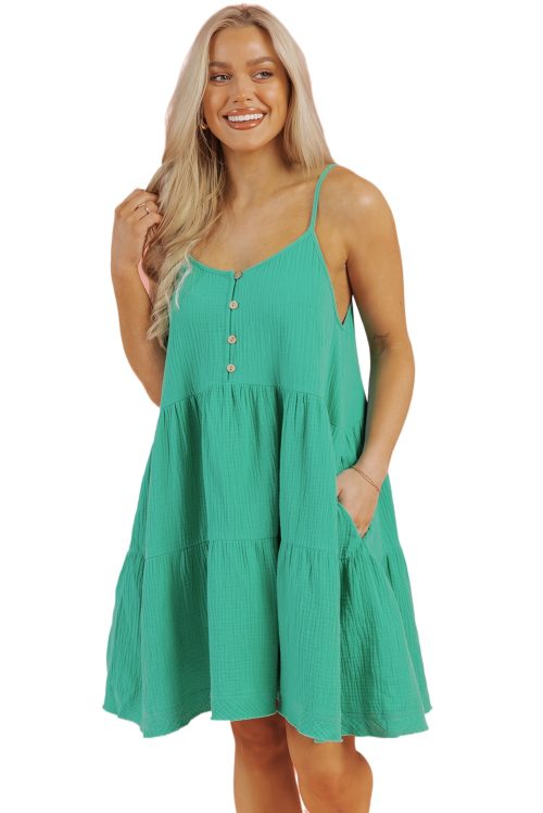 Women's Sea Green Textured Buttoned Mini Dress with Thin Straps